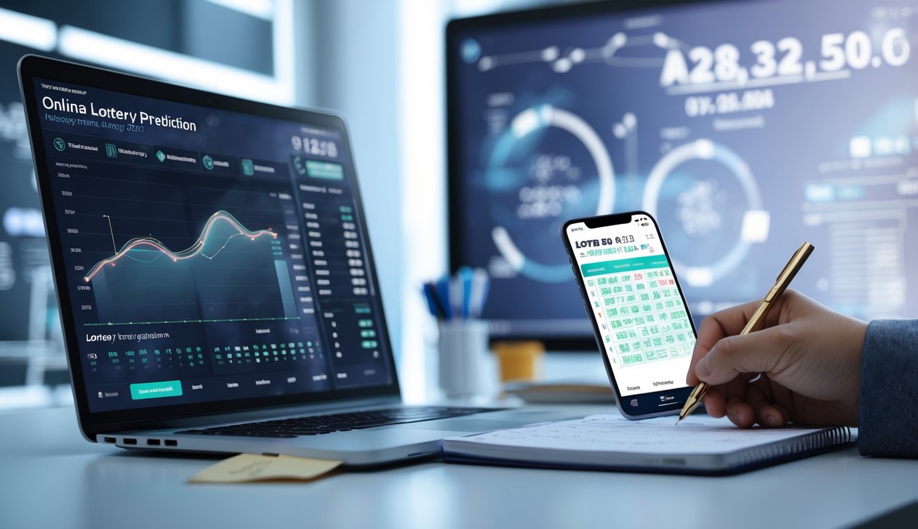 Seorang profesional sedang bekerja di meja dengan laptop, ponsel, dan catatan, fokus pada prediksi togel online pasar Hongkong tahun 2026.