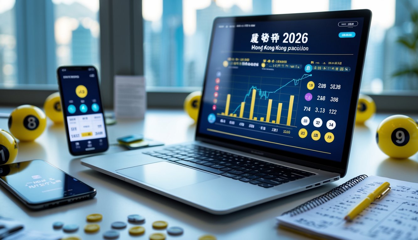 Meja kerja modern dengan laptop yang menampilkan prediksi togel, bola togel bernomor, ponsel dengan hasil langsung, dan catatan tulisan tangan, dengan latar belakang kota Hong Kong.