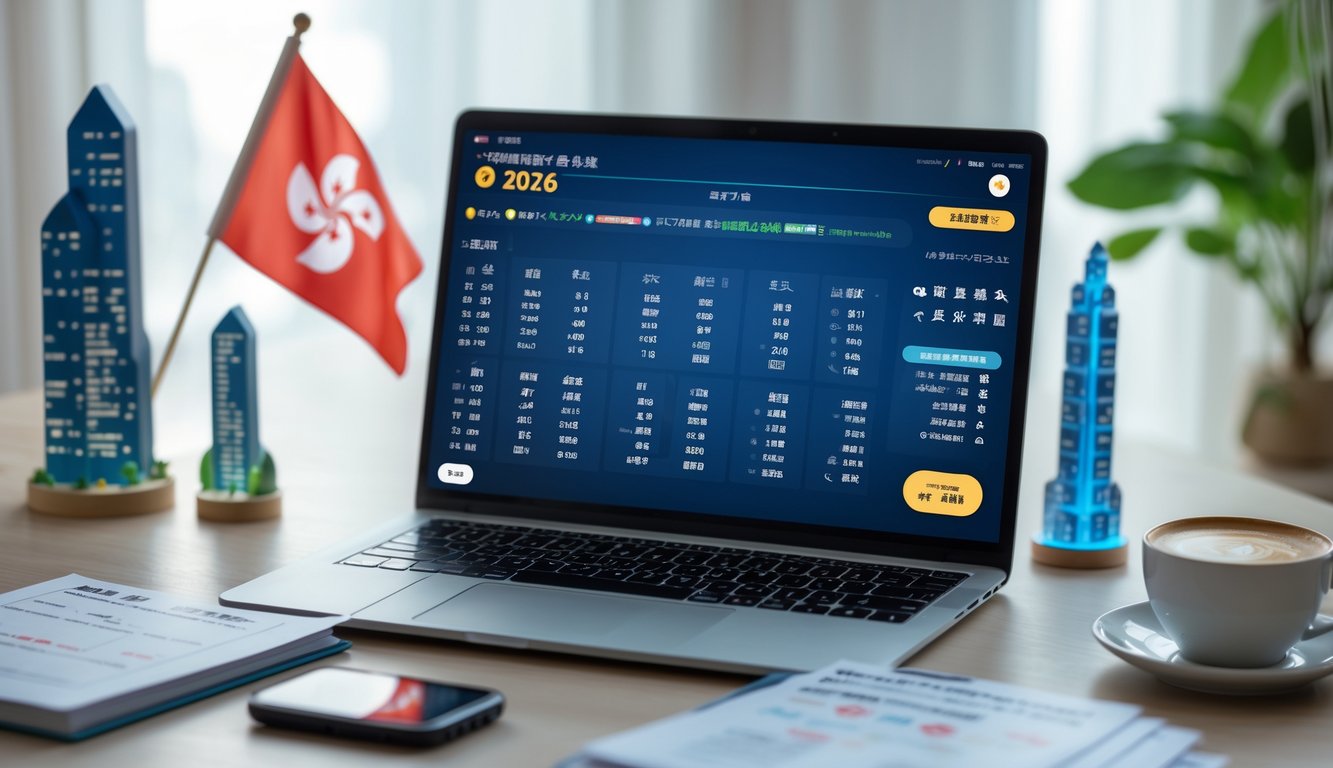 Sebuah meja kerja dengan laptop yang menampilkan antarmuka lotere online dan dekorasi kecil bertema Hong Kong di sekitarnya.