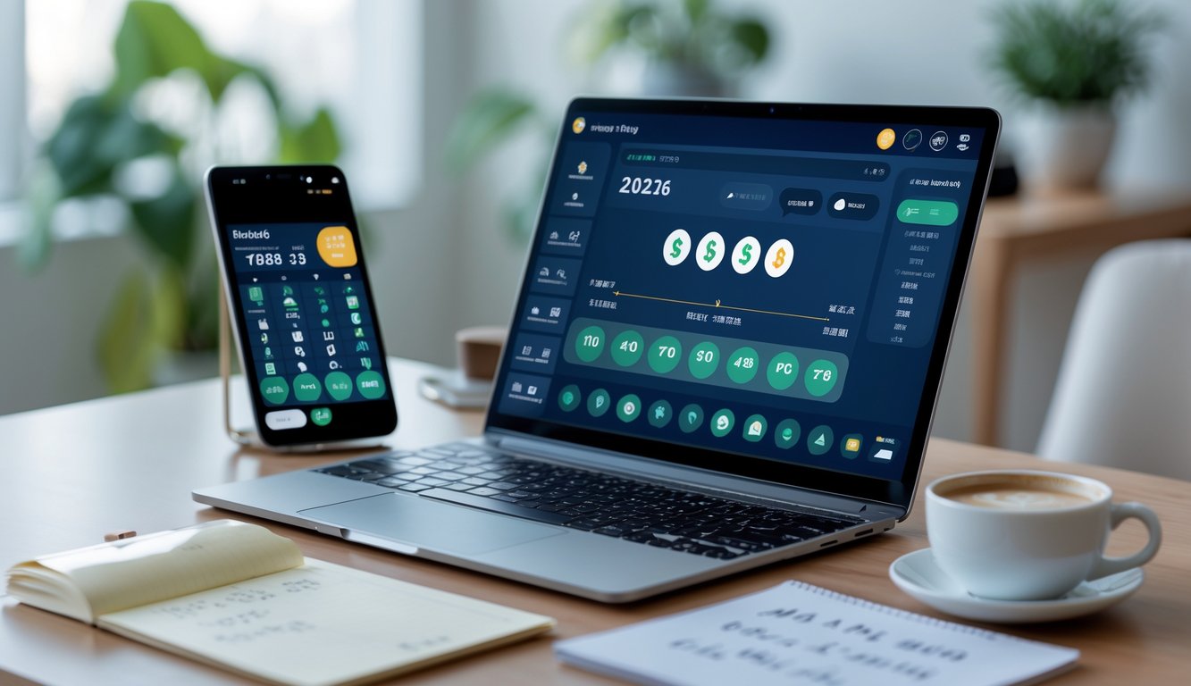 Meja kerja modern dengan laptop dan ponsel yang menampilkan aplikasi taruhan online, dilengkapi dengan kopi dan catatan, suasana tenang dan profesional.