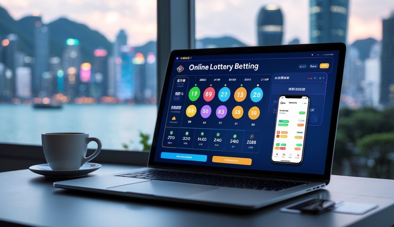 Meja kerja dengan laptop dan ponsel yang menampilkan antarmuka taruhan togel online, latar belakang kota Hong Kong yang samar.