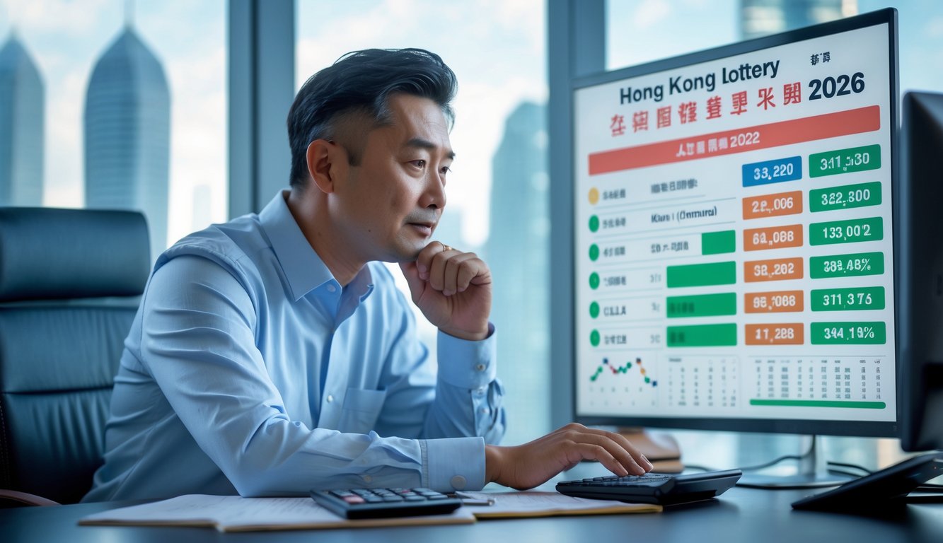Seorang pria Asia dewasa duduk di kantor modern, melihat layar digital besar dengan data lotere Hong Kong tahun 2026, sambil menganalisis dan membuat strategi.