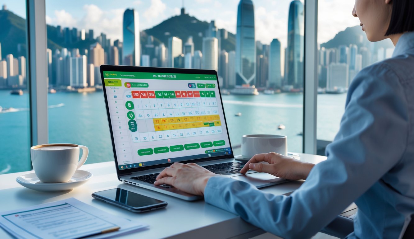 Seseorang menggunakan laptop di meja kerja dengan pemandangan kota Hong Kong di latar belakang, tampak fokus bermain lotere online.