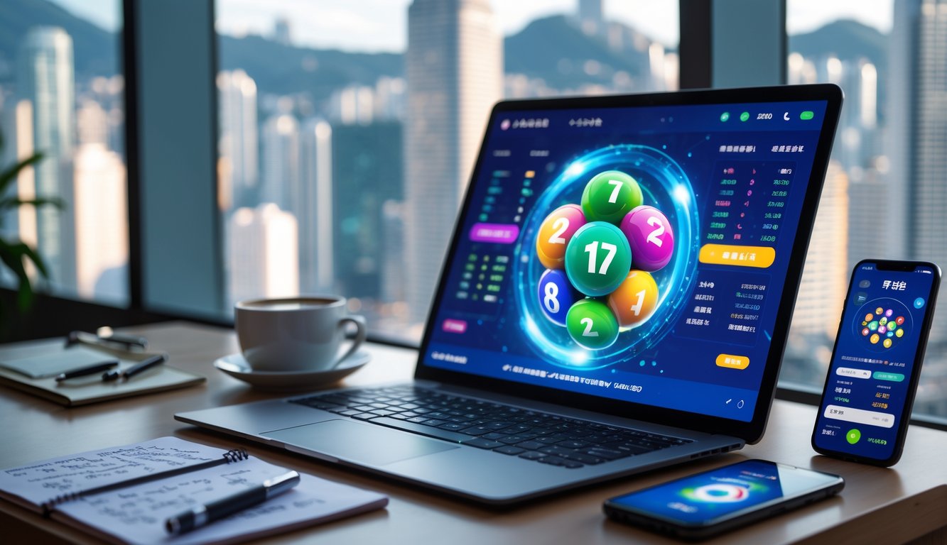 Meja kerja modern dengan laptop menampilkan antarmuka permainan togel online, dilengkapi dengan catatan, kopi, dan pemandangan kota Hong Kong di latar belakang.