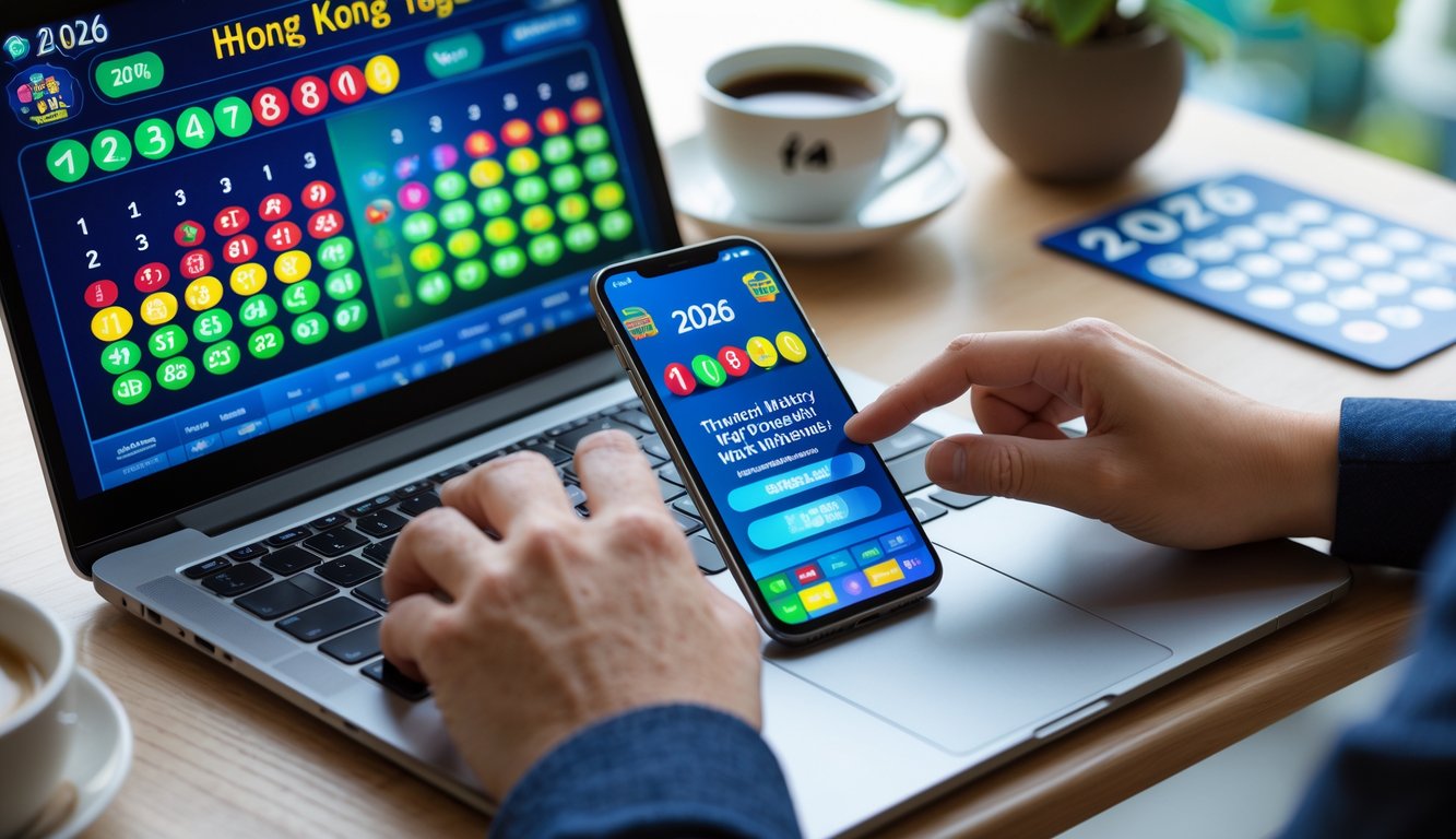 Seseorang menggunakan laptop dan ponsel untuk bermain judi togel Hongkong secara online dengan suasana kerja yang rapi dan pencahayaan alami.