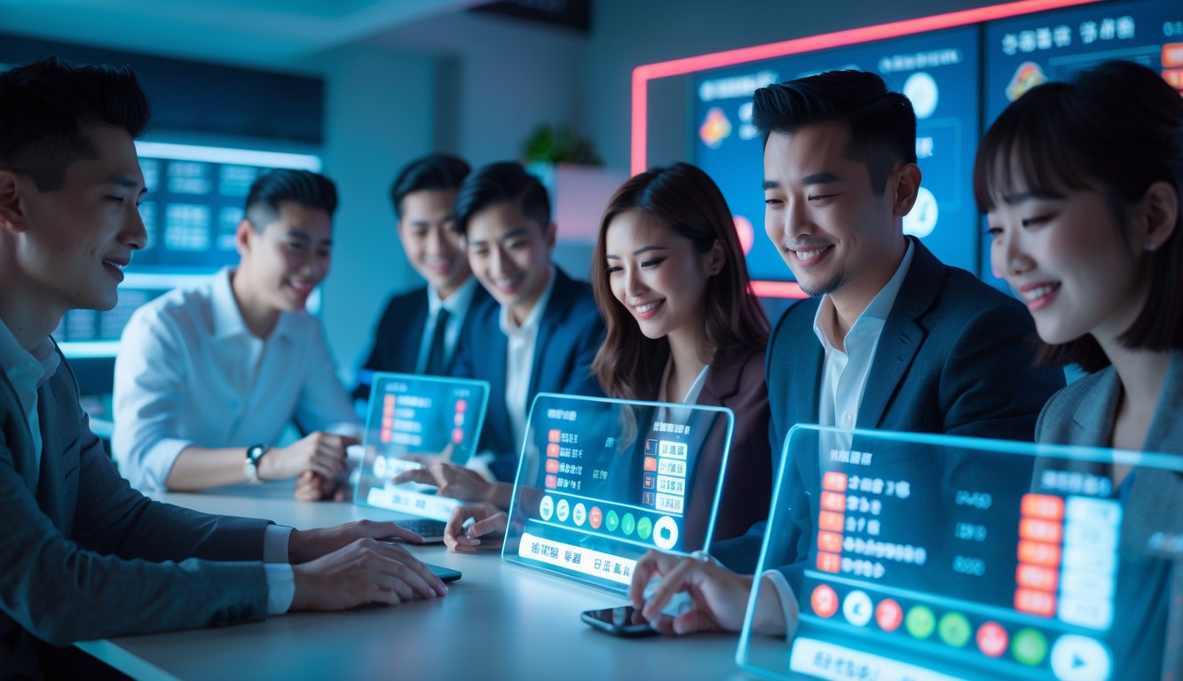 Beberapa orang muda sedang menggunakan layar sentuh digital dalam ruangan modern yang terang untuk bermain togel online dengan suasana yang fokus dan antusias.