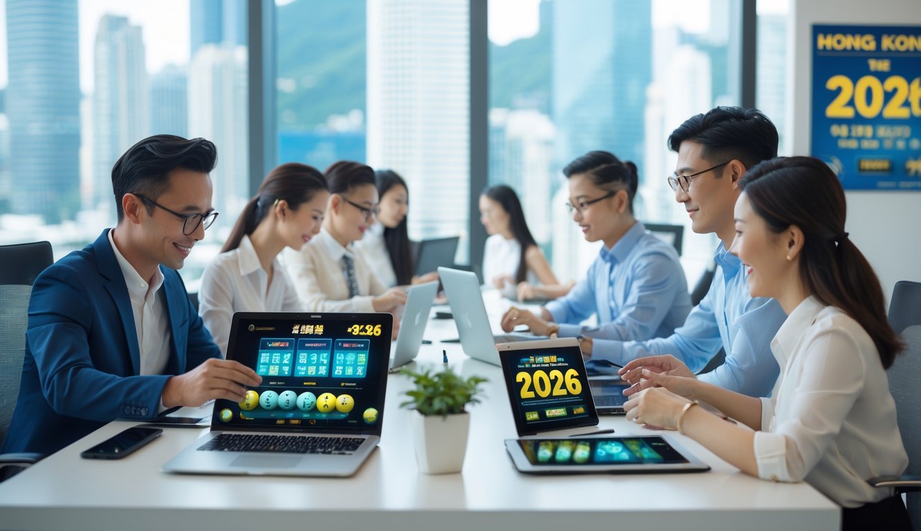 Orang-orang sedang menggunakan perangkat digital di ruang kantor modern dengan suasana cerah dan fokus, menampilkan aktivitas bermain togel secara online.