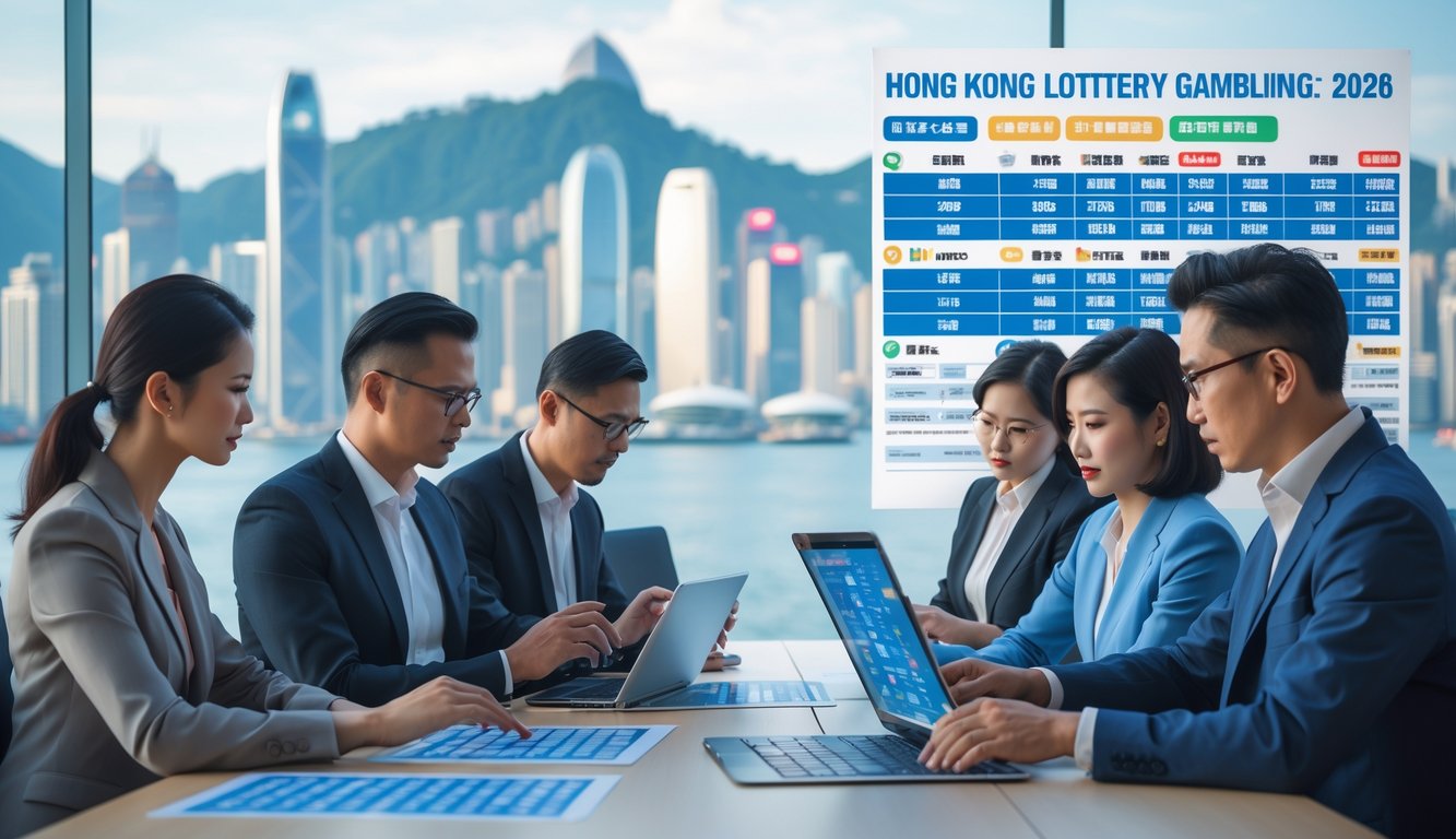 Sekelompok orang dewasa bekerja di kantor modern dengan layar digital menampilkan angka lotere dan grafik pasar Hong Kong.