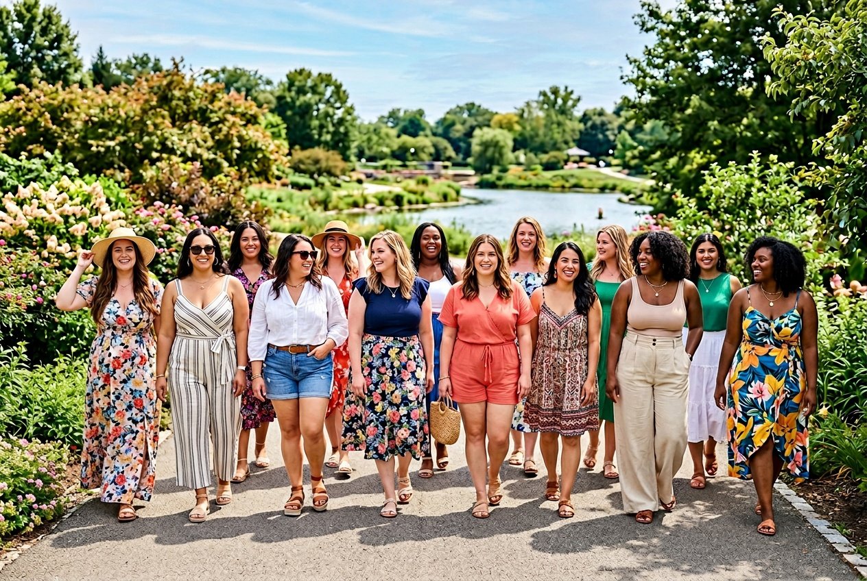 A group of plus size women outdoors in varied summer outfits, smiling confidently against a backdrop of bright greenery and warm sunlight.