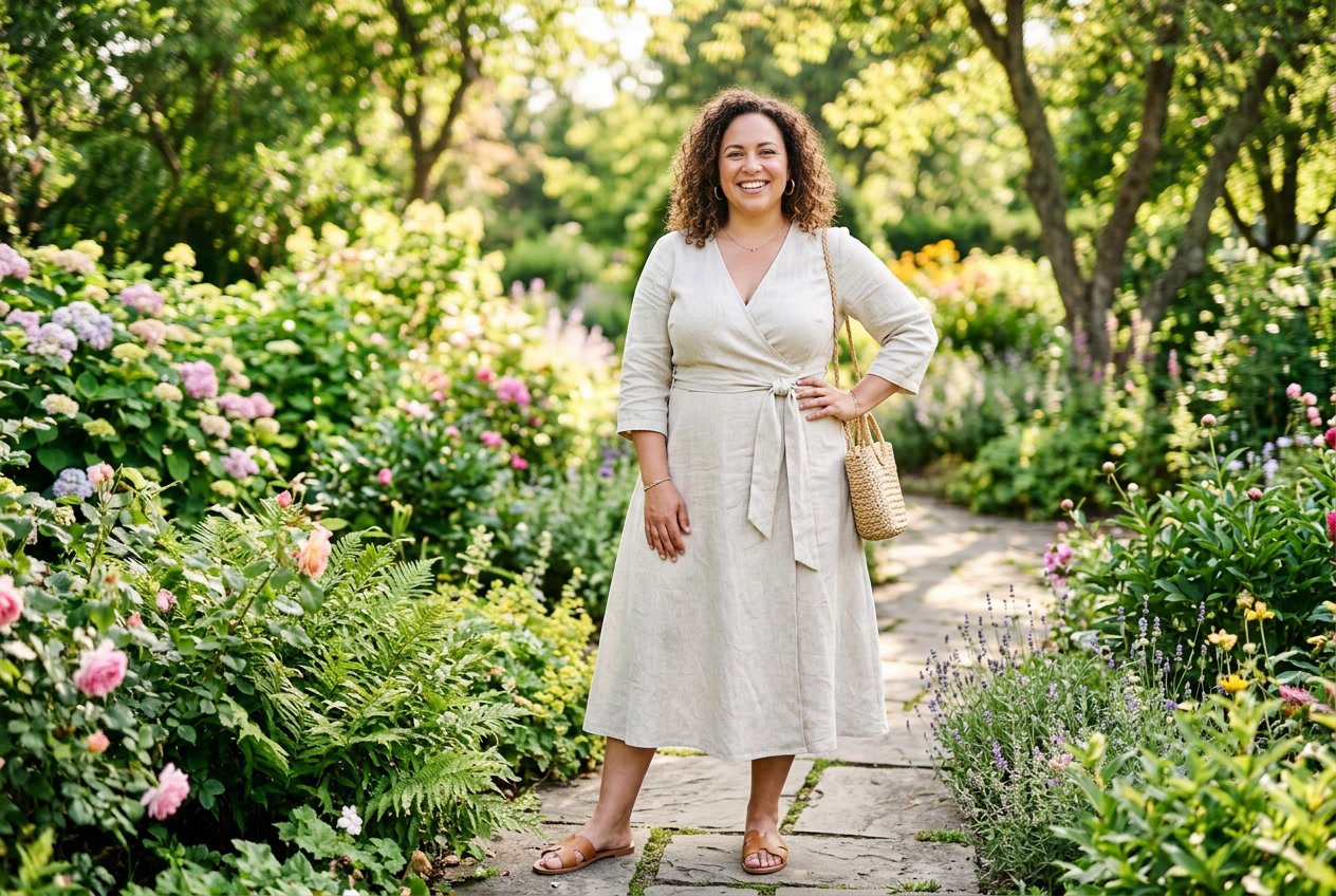 A plus size woman in a pale linen wrap dress standing outdoors among lush green plants, the fabric draping softly at the waist in natural light.