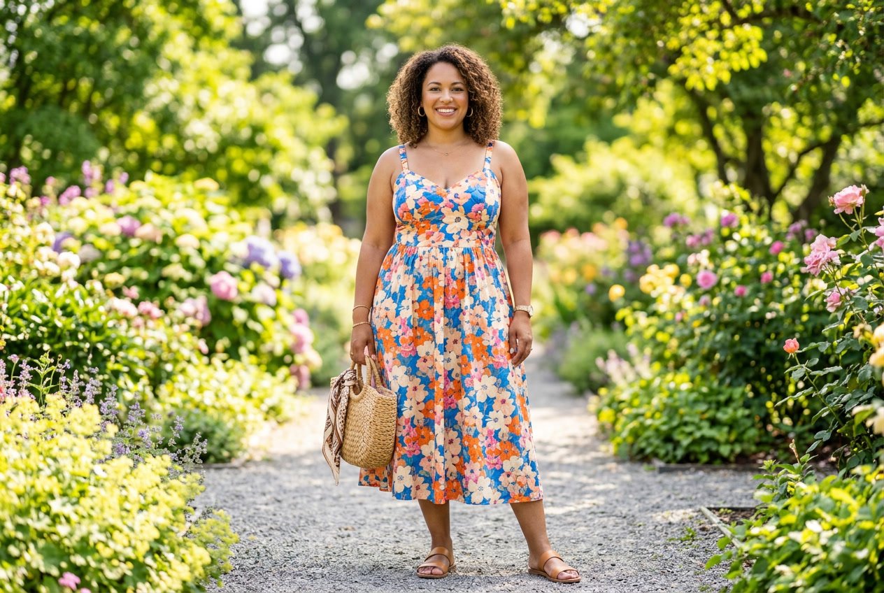 A plus size woman in a sleeveless A-line midi sundress with thin adjustable straps, smiling in a sun-dappled garden setting, the skirt skimming away from her hips.