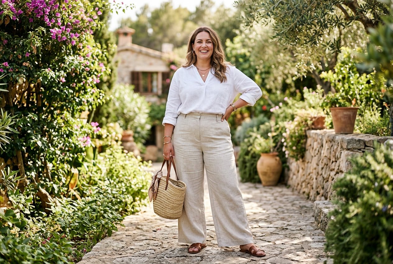 A plus size woman in wide-leg cream linen trousers and a simple tucked top, standing in full sunlight outdoors with the trouser legs catching a slight breeze.
