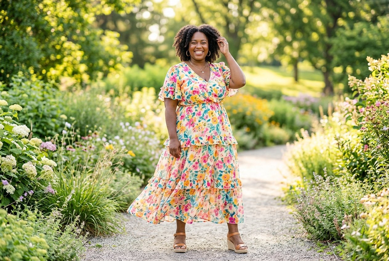 A plus size woman in a flowing ankle-length tiered floral maxi dress in muted navy and sage tones, smiling with soft green foliage behind her.