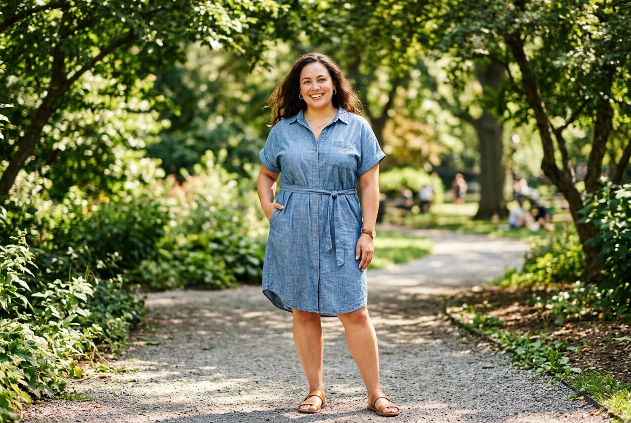 A plus size woman in a soft light-blue chambray shirt dress with rolled sleeves, posing casually in outdoor sunlight with a relaxed, natural smile.