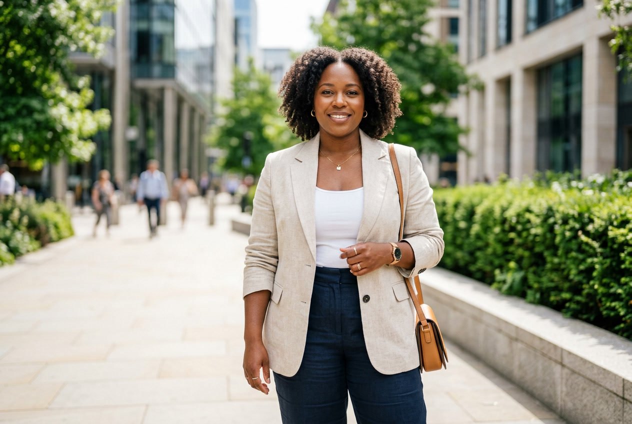 A plus size woman outdoors in a sand-colored tailored linen blazer with sleeves pushed up, the jacket skimming cleanly over her frame in warm afternoon light.