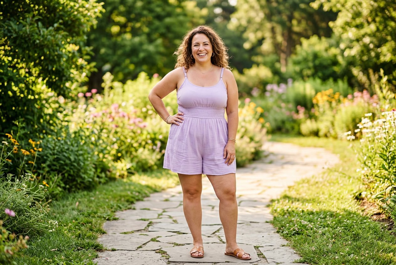 A plus size woman in a dark olive smocked waist tank romper, standing outdoors with the elastic waistband visibly defining her middle without pulling.