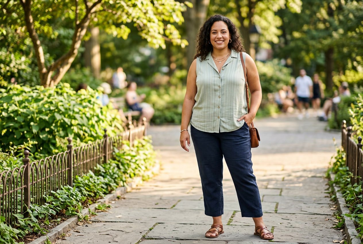 A plus size woman in a sleeveless white rayon button-front shirt outdoors, the fabric draping softly over her frame with no visible pulling or bunching at the buttons.