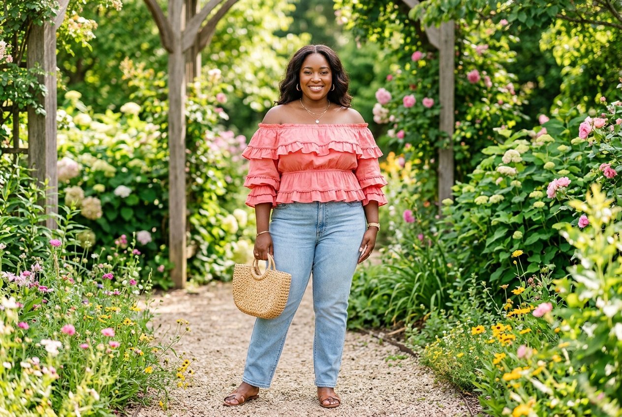 A plus size woman in a white off-the-shoulder ruffle top outdoors, the wide neckline sitting across her collarbone with a soft ruffled edge and fitted elastic band.