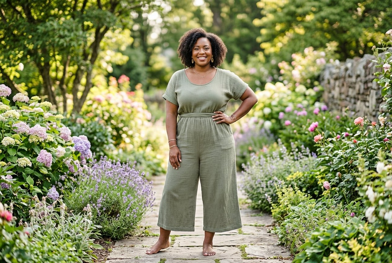 A plus size woman standing outdoors in a loose-fitting rust-toned cotton gauze culotte jumpsuit, the wide legs catching the breeze with soft green foliage behind her.