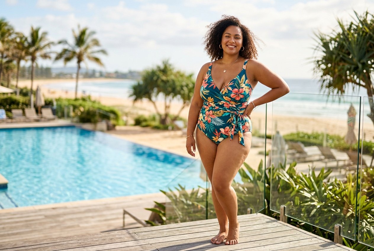 A plus size woman in a deep navy wrap-front one-piece swimsuit standing near water, the crossed fabric panel creating a defined waist with soft ruching at the center.