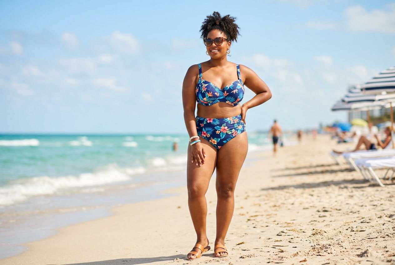 A plus size woman in a high-rise black bikini with a structured underwire top at the beach, the wide-banded bottoms sitting at the natural waist with a smooth, even fit.