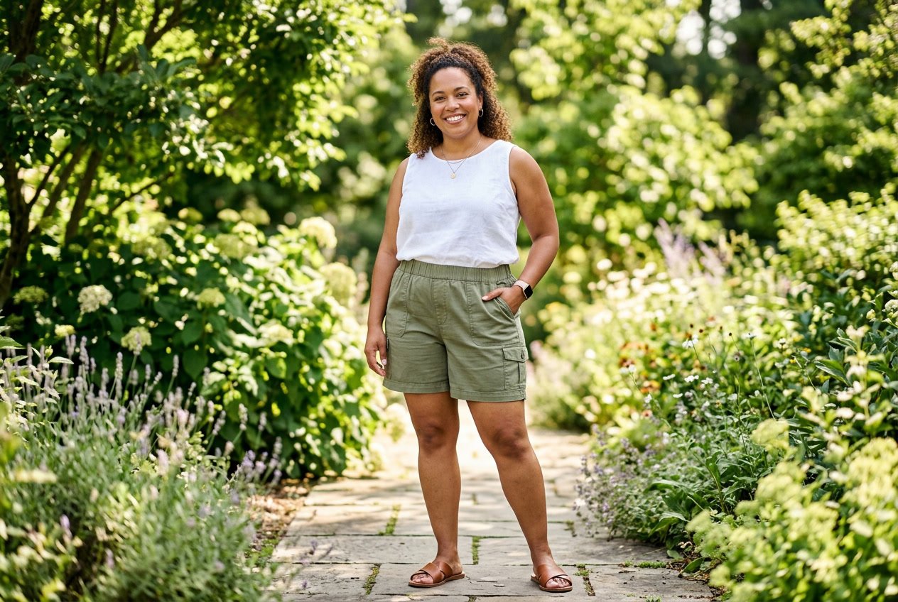 A plus size woman outdoors in olive-toned lightweight cargo shorts with a flat-front elastic waist, paired with a simple white top, the pockets lying flat without flaring.