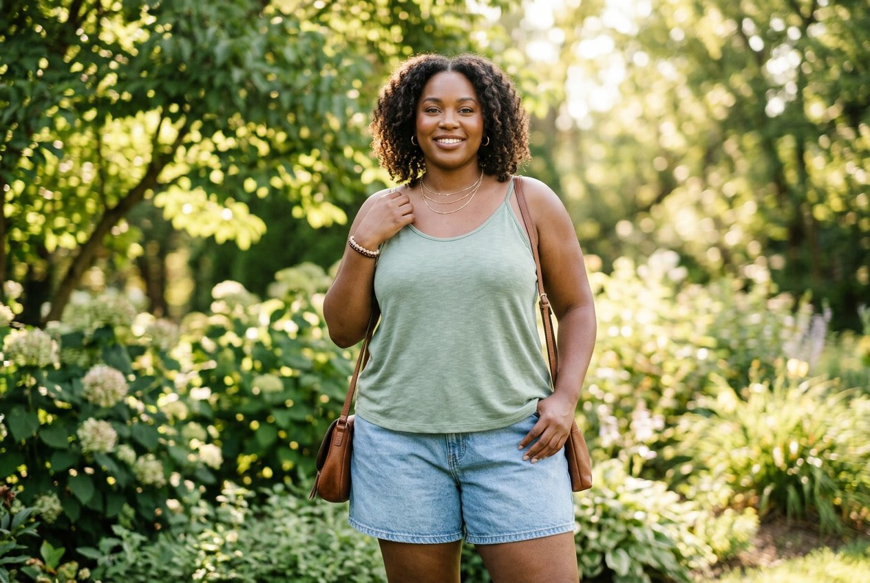 A plus size woman in a sage green bamboo-viscose camisole outdoors, the fabric skimming smoothly over her frame with wider straps and a gentle scoop neckline, surrounded by soft green foliage.