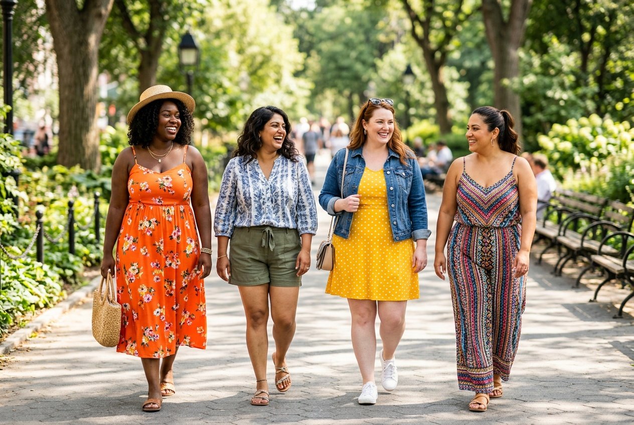 A group of plus size women in bright, varied summer outfits standing together outdoors in warm sunlight, each dressed differently but all appearing relaxed and comfortable.