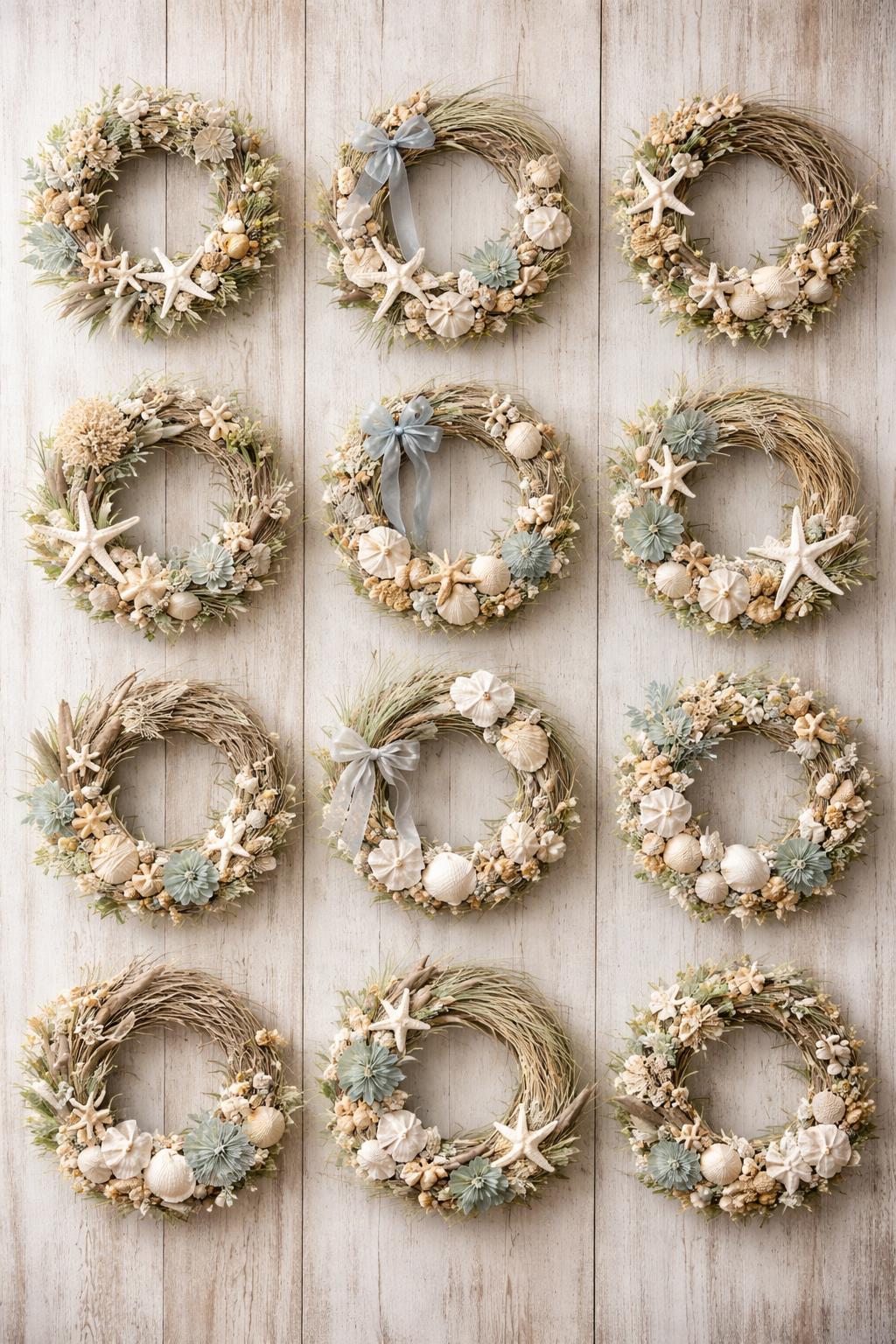 Eleven coastal beach wreaths made of seashells, starfish, driftwood, and greenery hanging on a rustic wooden wall.