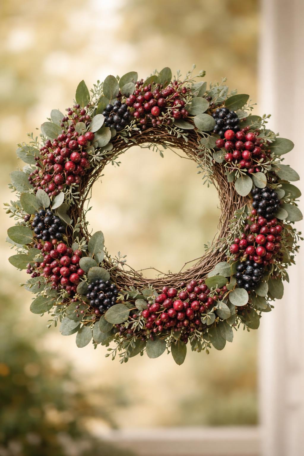 A circular grapevine wreath decorated with green eucalyptus leaves and clusters of red and purple wild berries.