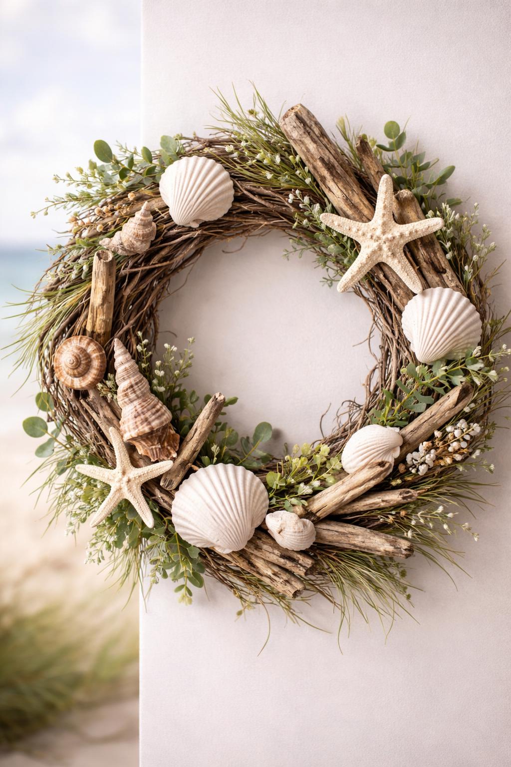 A grapevine wreath decorated with driftwood, seashells, and green leaves against a soft coastal background.