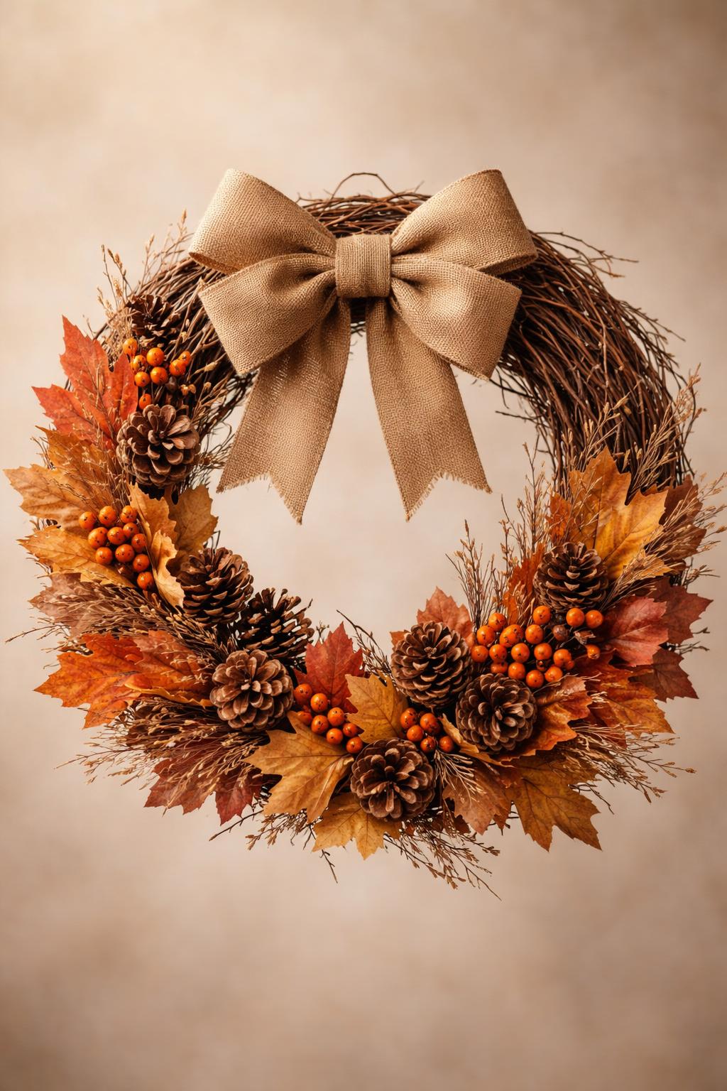 An autumn wreath made of grapevine with a burlap bow and pinecones, decorated with dried leaves and berries.