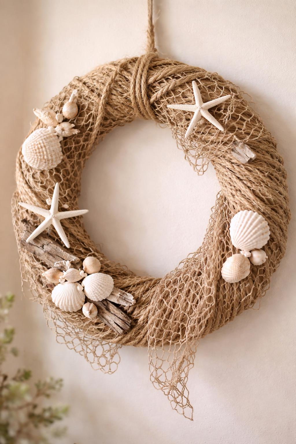A circular wreath wrapped with natural rope and decorated with fishnet and small seashells on a blurred background.