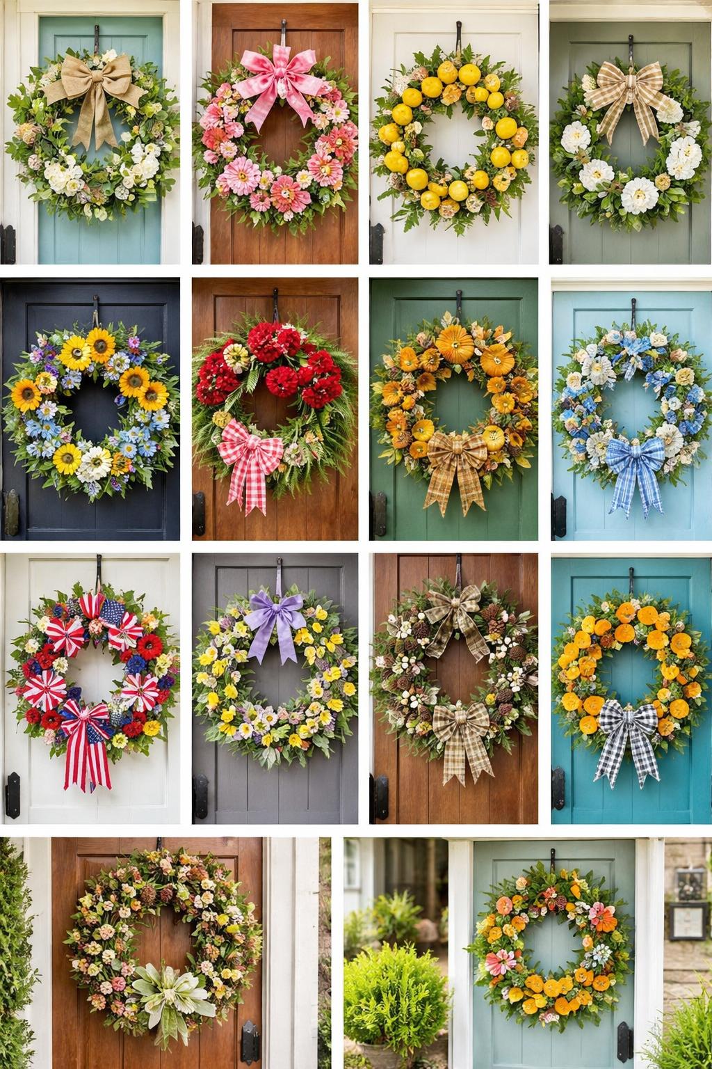 A collection of thirteen different front door wreaths displayed on various doors, featuring flowers, greenery, pinecones, and decorative accents.