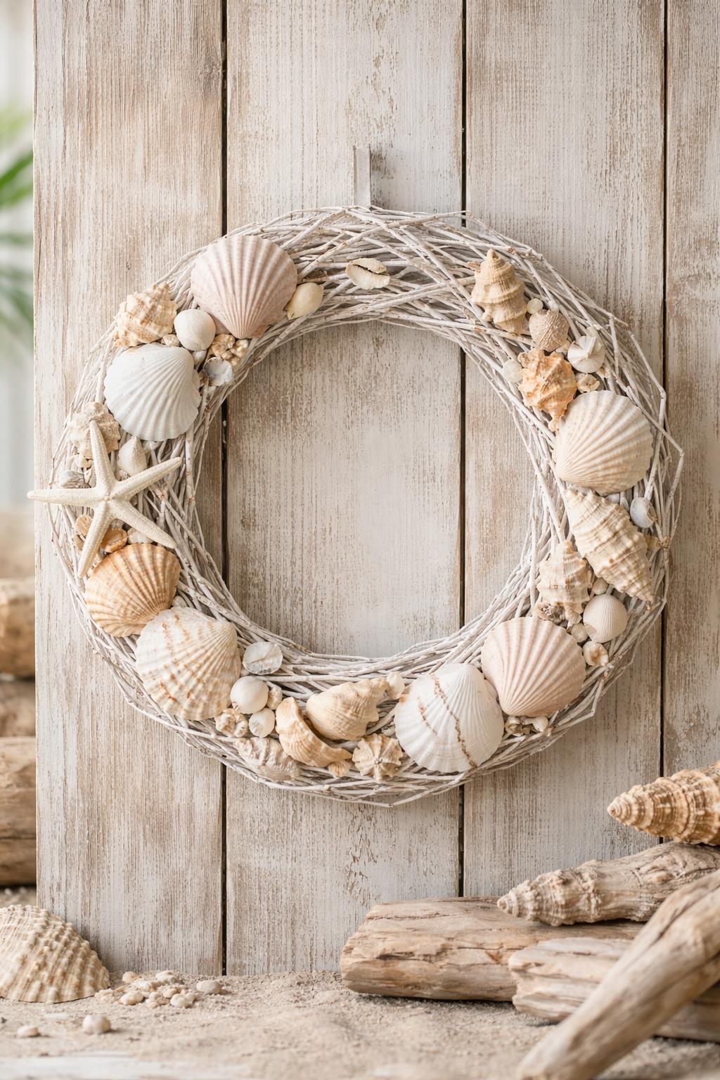 A whitewashed grapevine wreath decorated with seashells hanging on a wooden wall with beach-themed elements nearby.