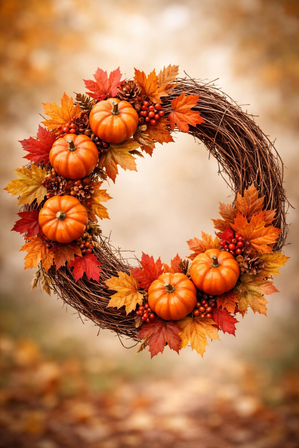 A grapevine wreath decorated with small pumpkins and colorful maple leaves.
