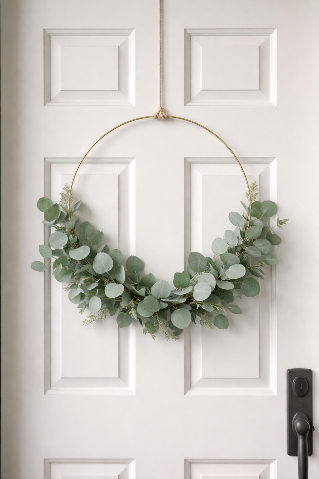 A simple circular wreath made of silver dollar eucalyptus leaves hanging on a plain front door.
