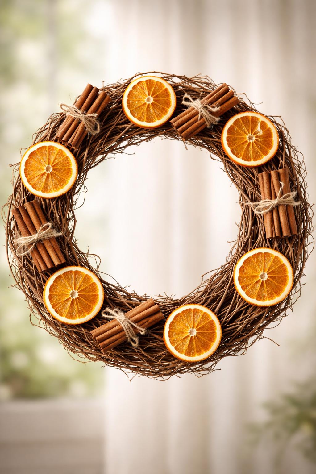 A grapevine wreath decorated with dried orange slices and cinnamon sticks on a neutral background.