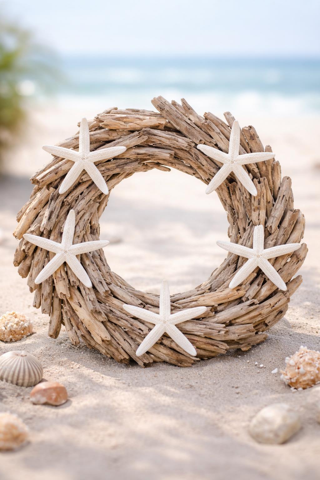 Driftwood wreath decorated with white starfish on a soft coastal background.