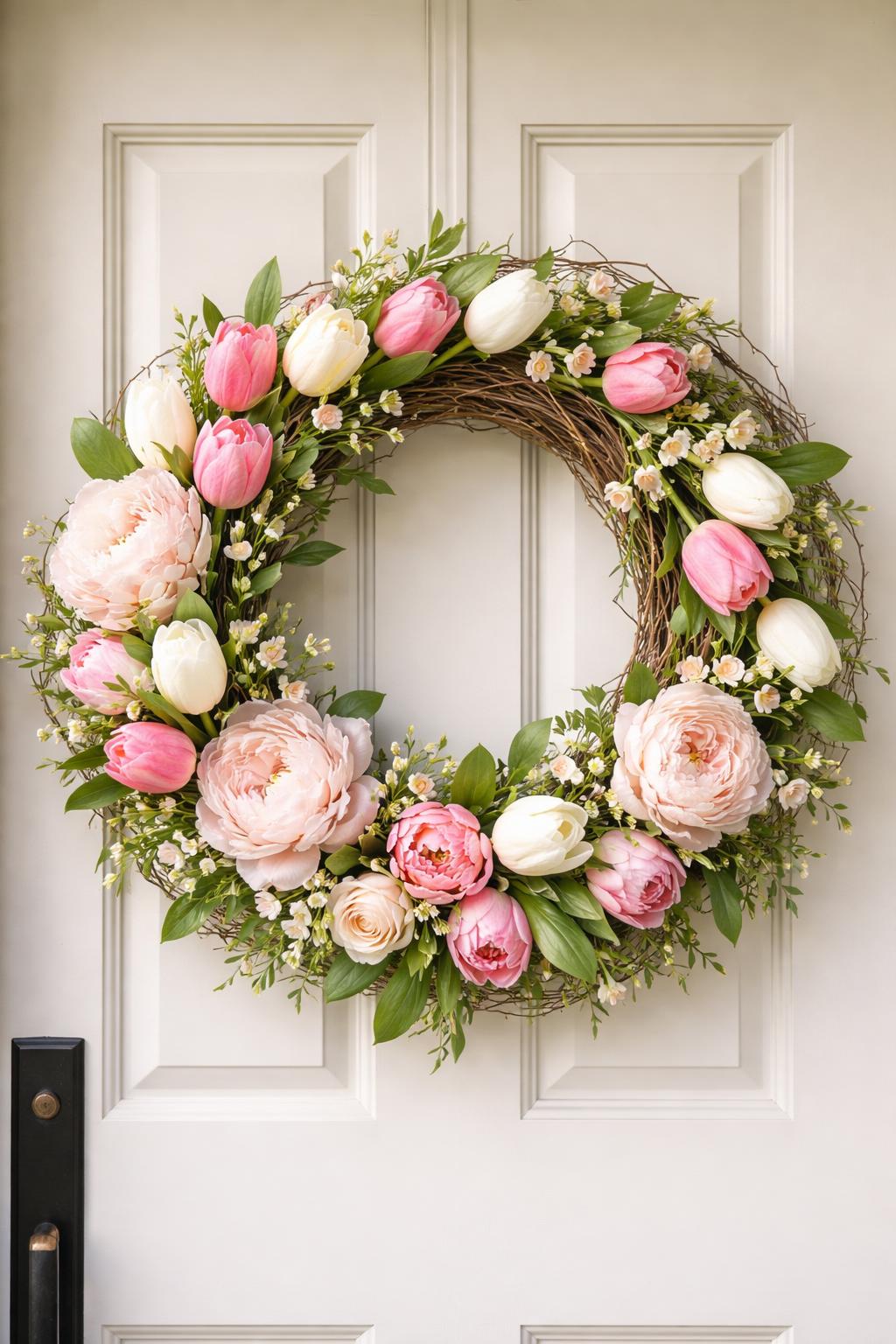 A grapevine wreath decorated with pink and white tulips and pastel peonies hanging on a wooden front door.