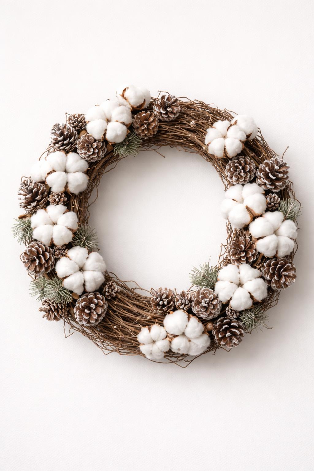 A grapevine wreath decorated with white cotton bolls and pinecones on a plain background.
