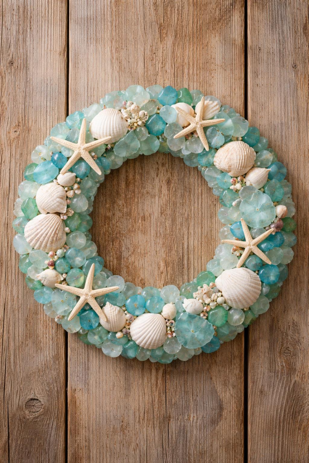A beach wreath made of seaglass and seashells hanging on a weathered wooden surface.