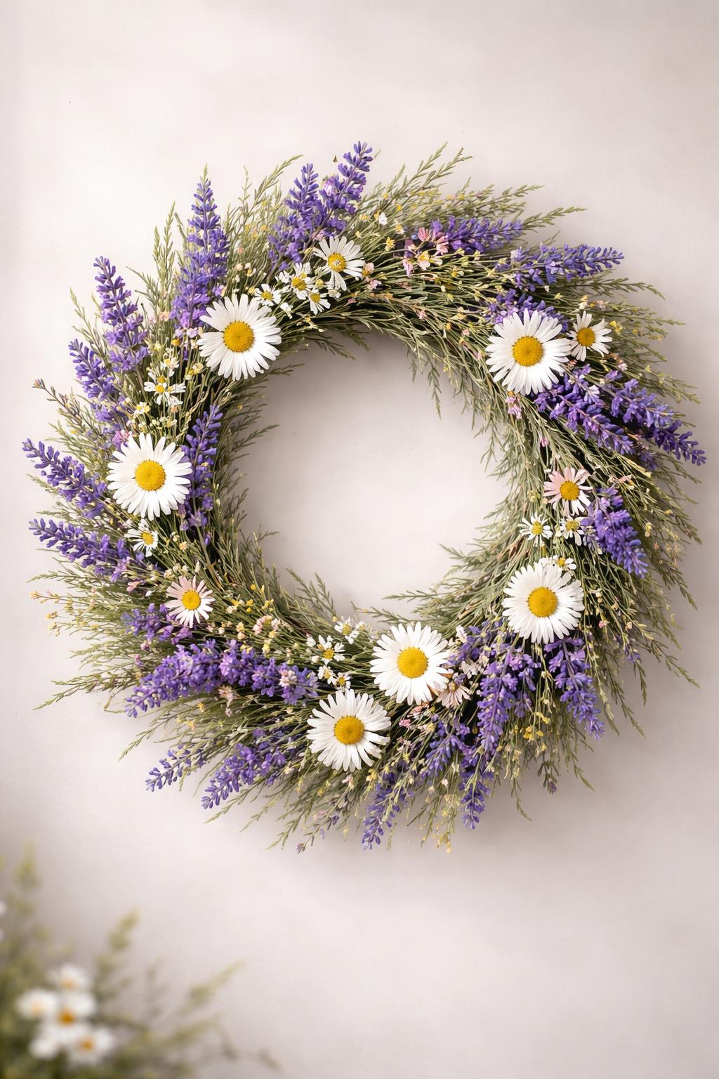 A circular wreath made of lavender, white daisies, and other wildflowers on a neutral background.