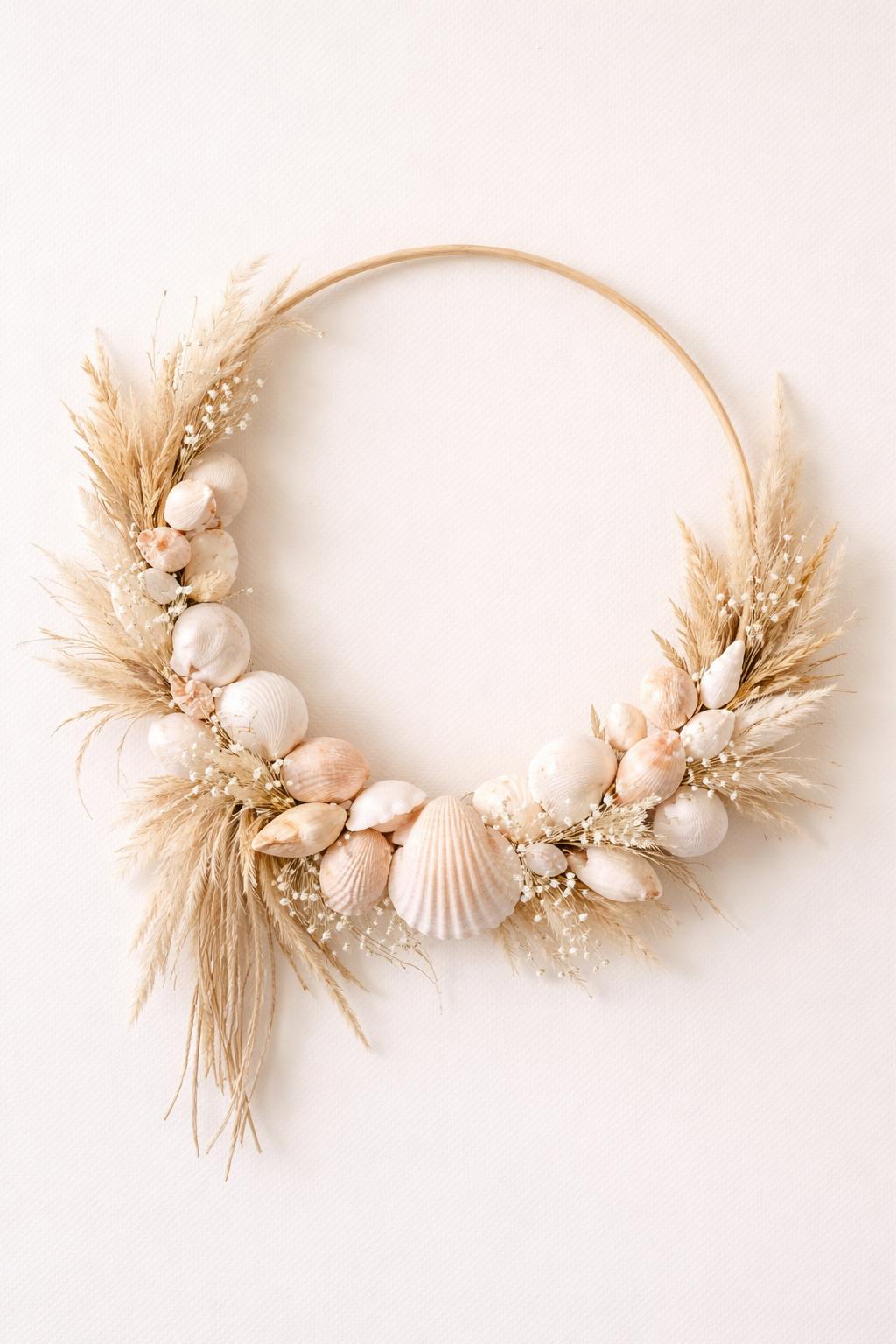 A flat circular wreath made of seashells, dried flowers, and natural grasses displayed against a plain background.