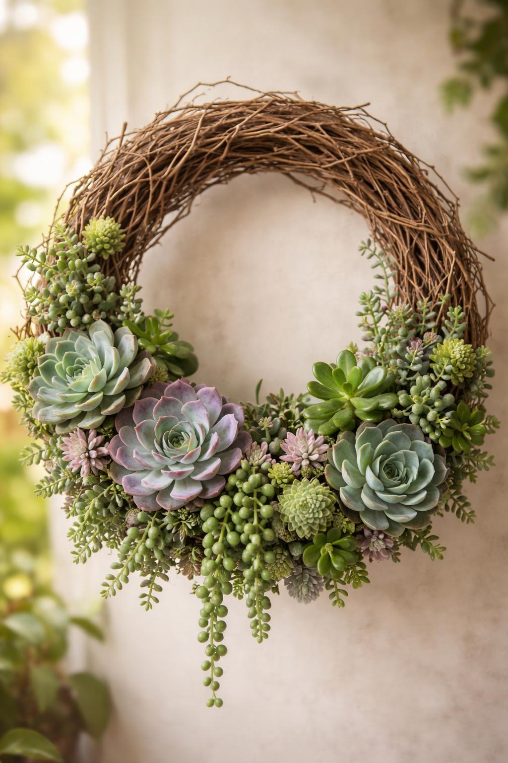 A circular grapevine wreath decorated with various green and purple succulents on a softly blurred background.