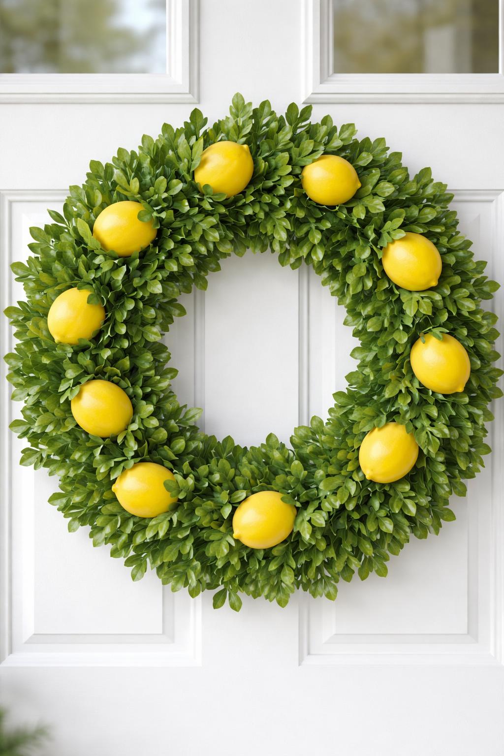 A front door wreath made of green boxwood leaves and bright yellow faux lemons.