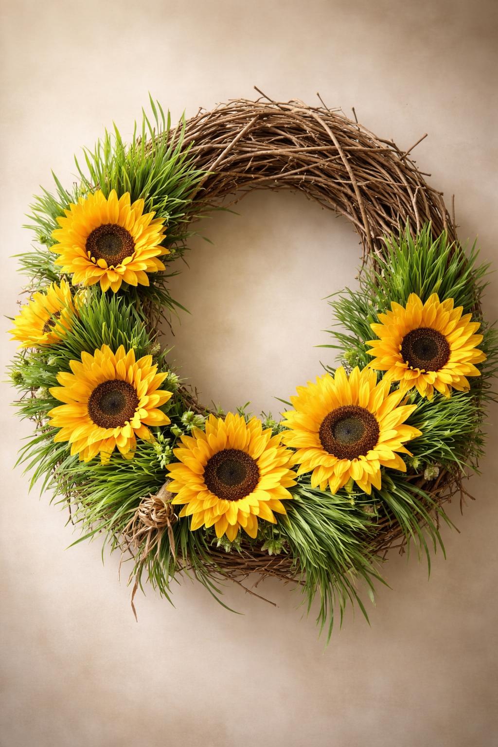 A rustic grapevine wreath decorated with sunflowers and wheatgrass against a neutral background.