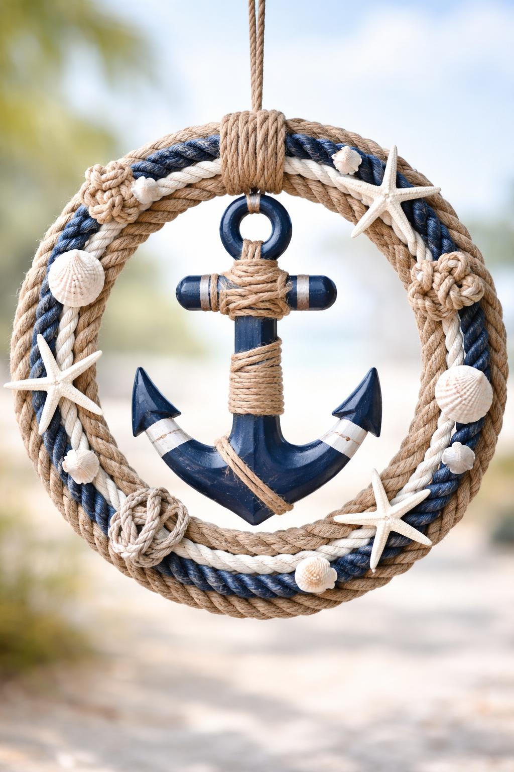A circular nautical anchor wreath made of rope, navy blue and white decorations, displayed against a soft coastal background.