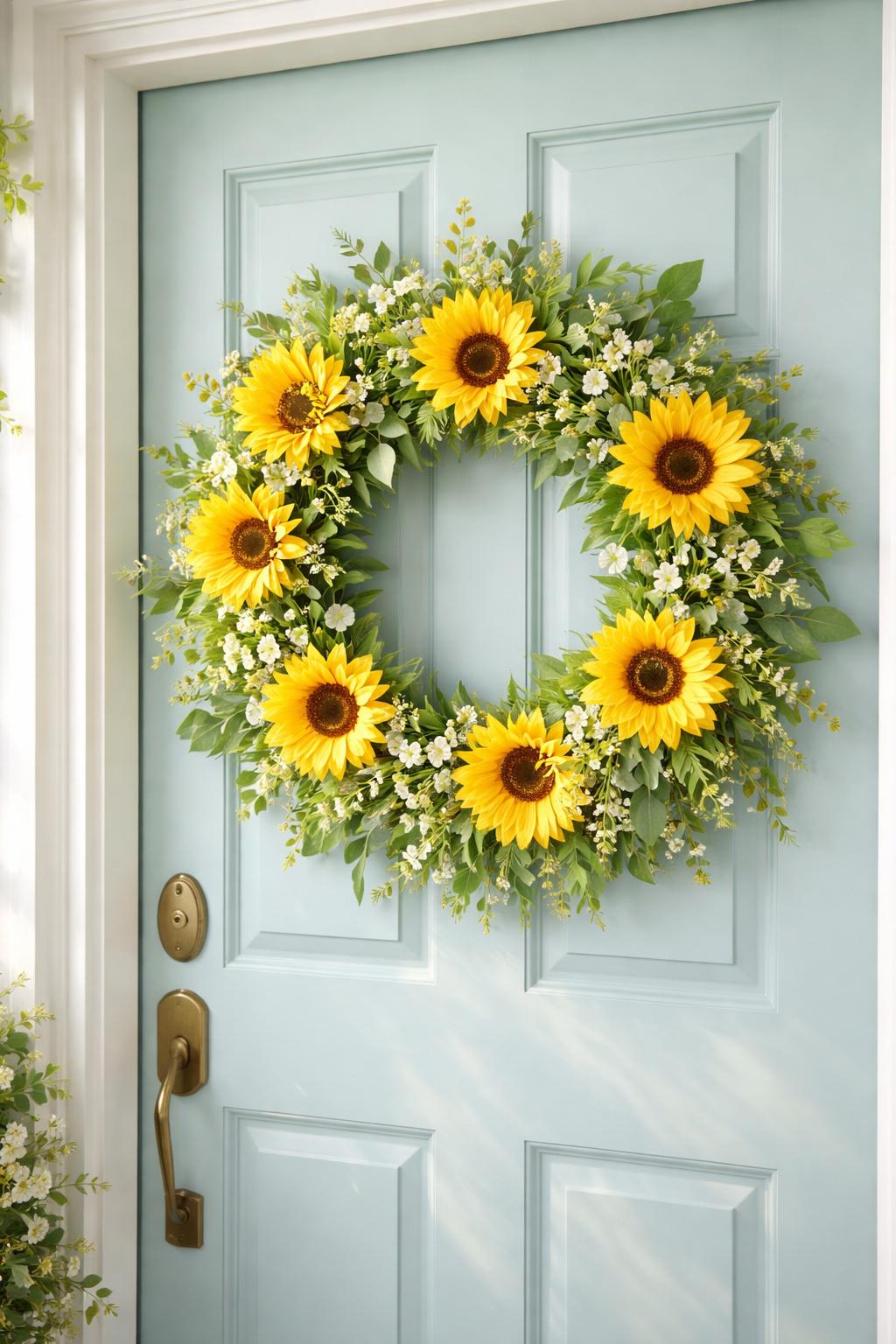 Front door decorated with a wreath of sunflowers and mixed green leaves.