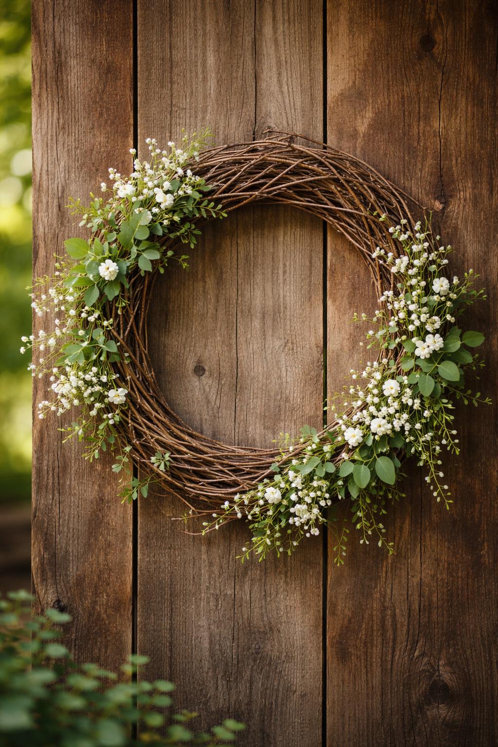 A grapevine wreath decorated with greenery and small white flowers hanging on a rustic wooden background.